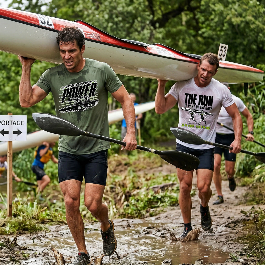 Canoe marathon paddler racing a long-distance open water course, approaching a portage section