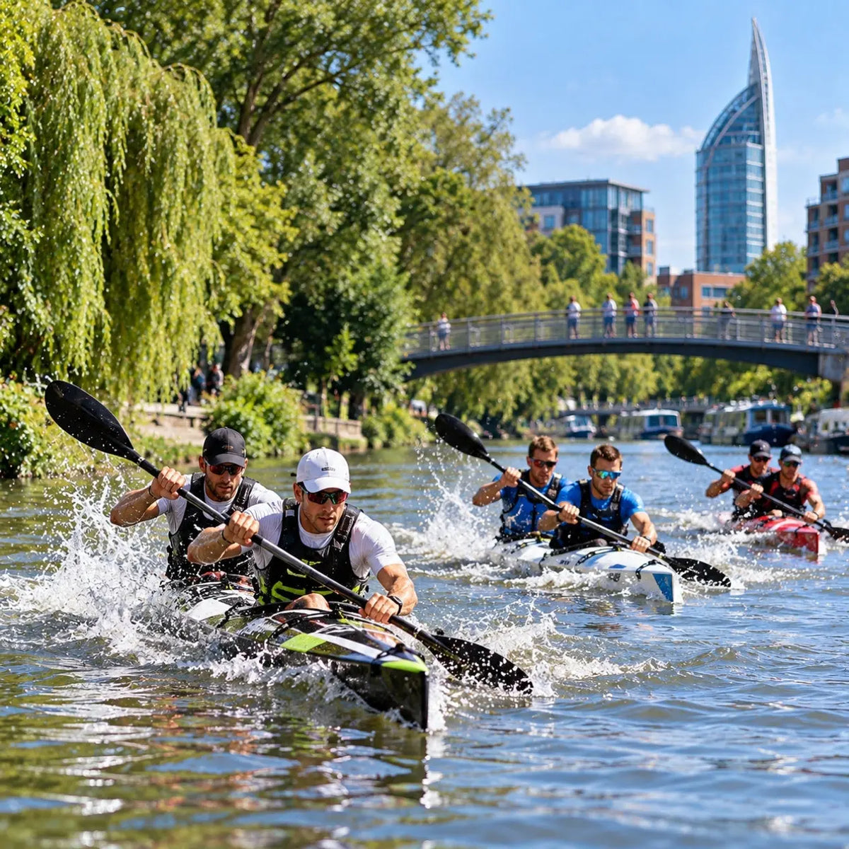 K2 marathon kayak crews racing down a tree-lined river in summer, with spectators on a footbridge and city high-rises beyond