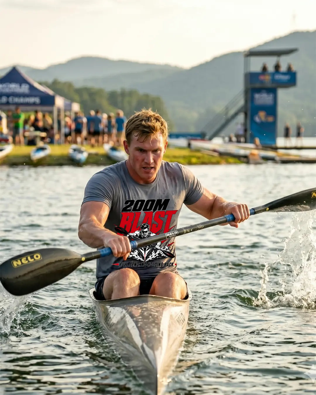 Kayaker racing in a K1 sprint kayak on flat water during a competitive sprint event