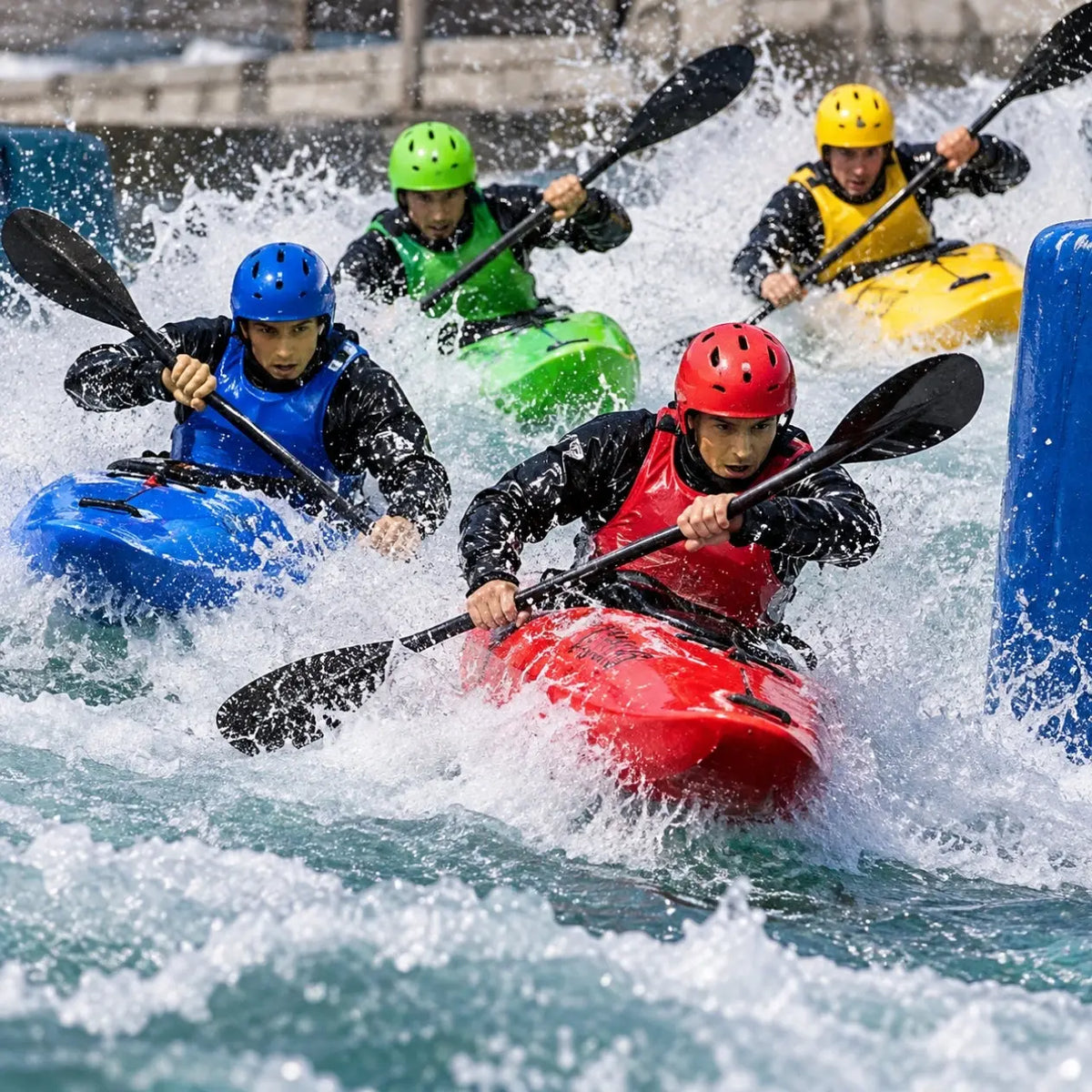 Four kayak cross racers in red, blue, green and yellow boats and helmets battling side by side through whitewater beside a slalom gate