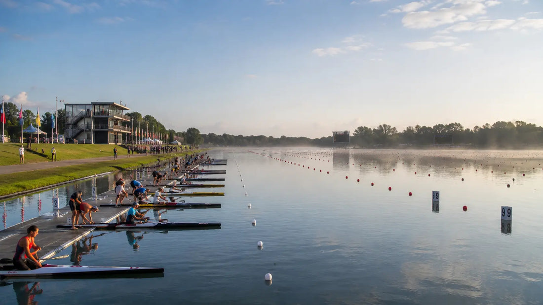 British canoe and kayak racers competing at a UK sprint event on a managed flat-water race course