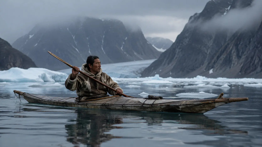 Traditional Greenlandic qajaq (kayak) resting on calm Arctic waters, representing the origins of the kayak