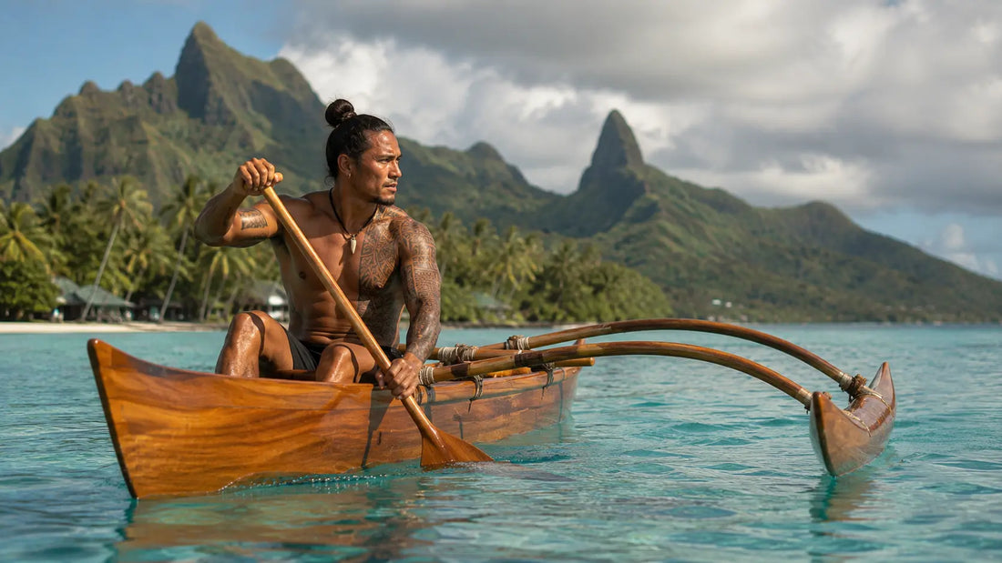 Va'a outrigger canoe paddlers racing across open Pacific Ocean water in a traditional ocean race