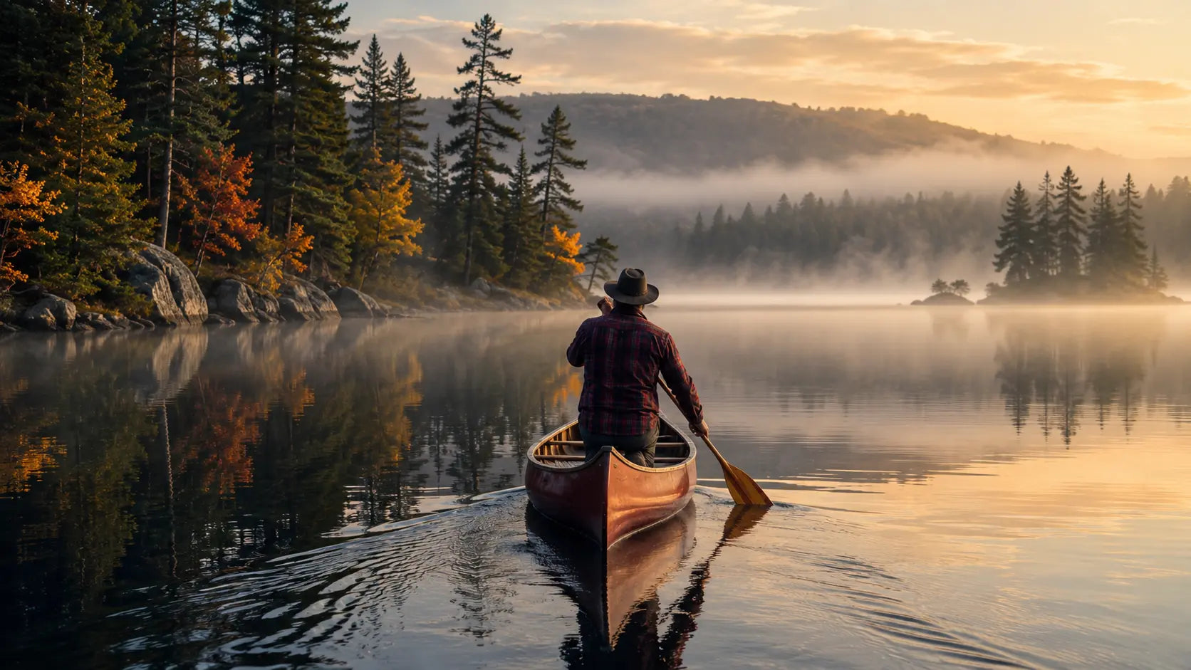 Wilderness canoeist paddling a traditional open canoe across a remote Canadian lake in summer