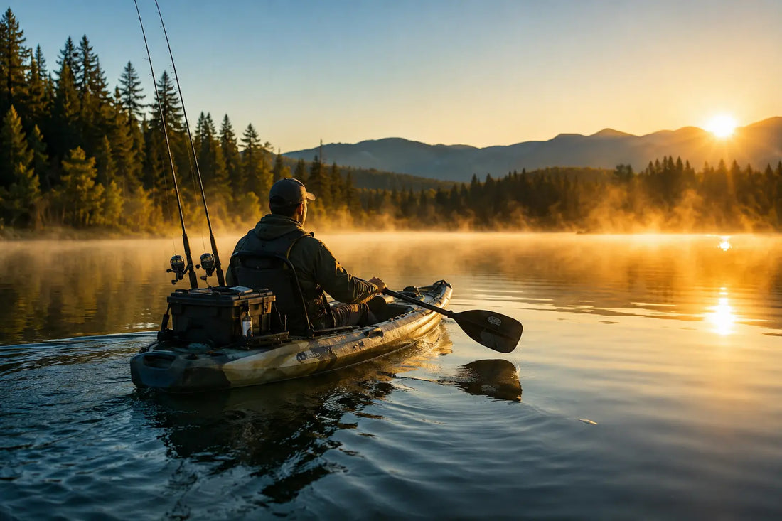 Angler paddling a fishing kayak across calm open water