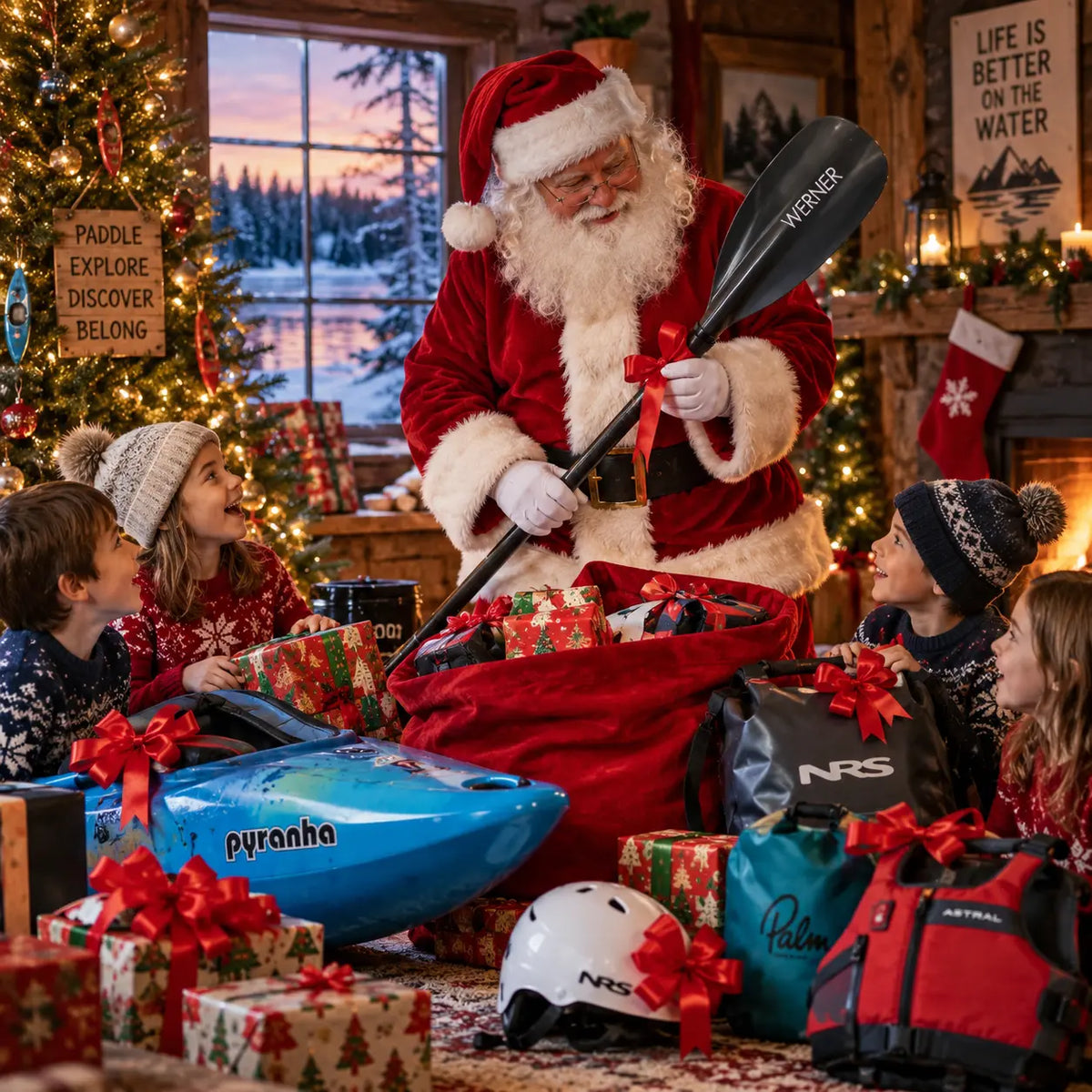 Santa Claus handing out kayaking gear — a Pyranha kayak, NRS helmet and drybag, and an Astral buoyancy aid — to excited children on Christmas morning