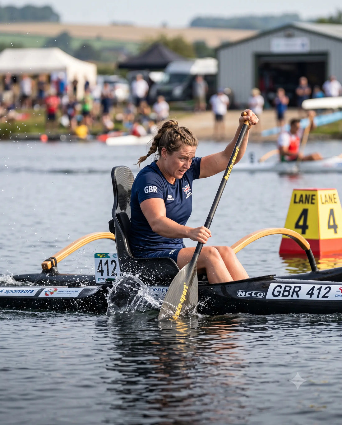 Paracanoe athlete competing in a classification category kayak race at a Paralympic-standard event