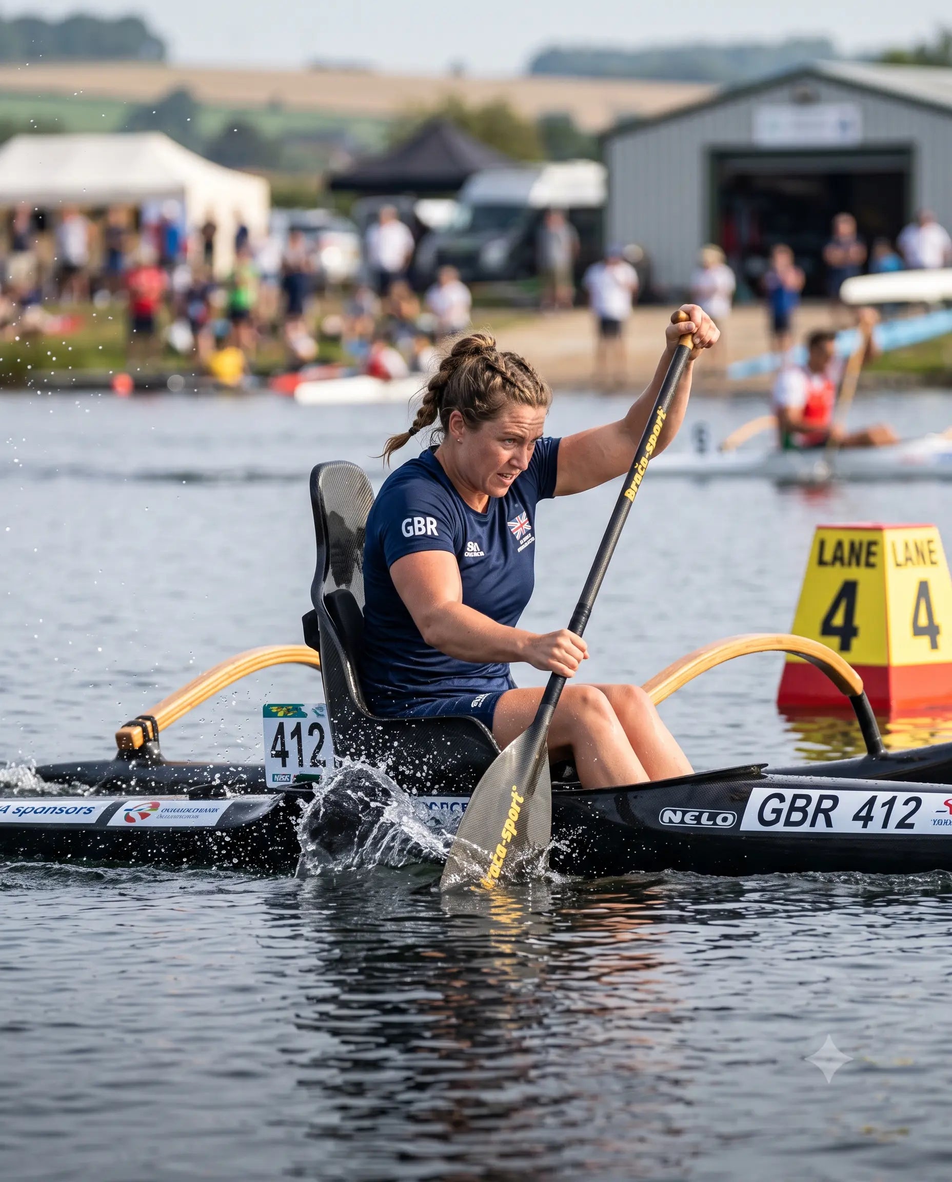 Paracanoe athlete competing in a classification category kayak race at a Paralympic-standard event