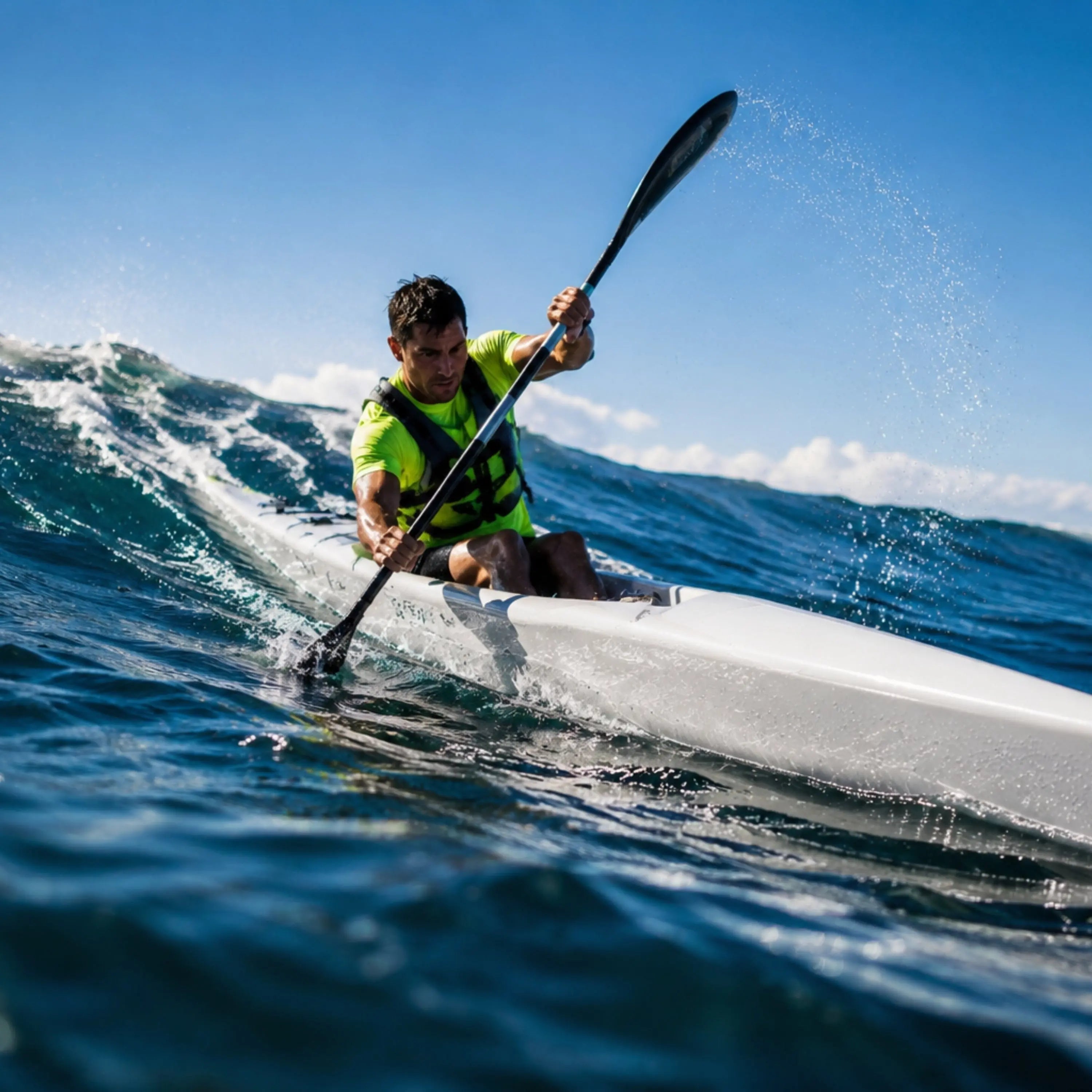 Ocean and surfski paddling apparel for open-water kayakers chasing swell and horizon
