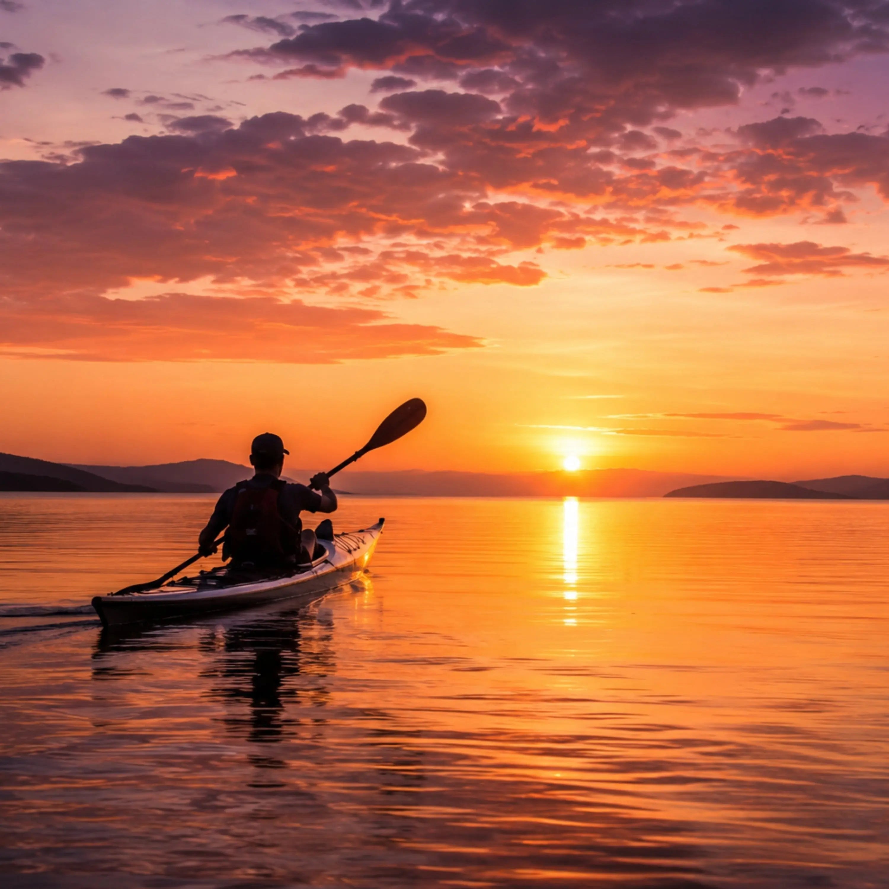 Golden-hour paddling tees capturing the calm, reflective end of a day on the water