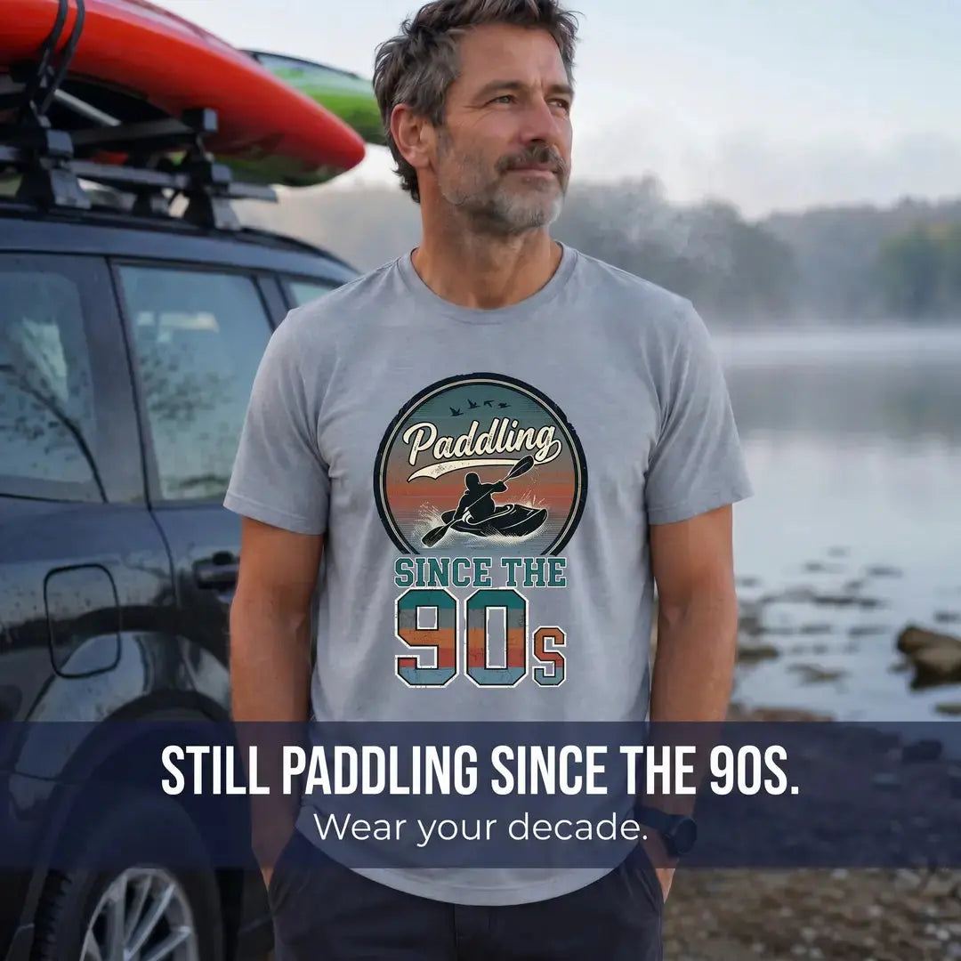 Decades paddling tees — retro badge designs for paddlers who've been on the water since the 60s, 70s, 80s and 90s