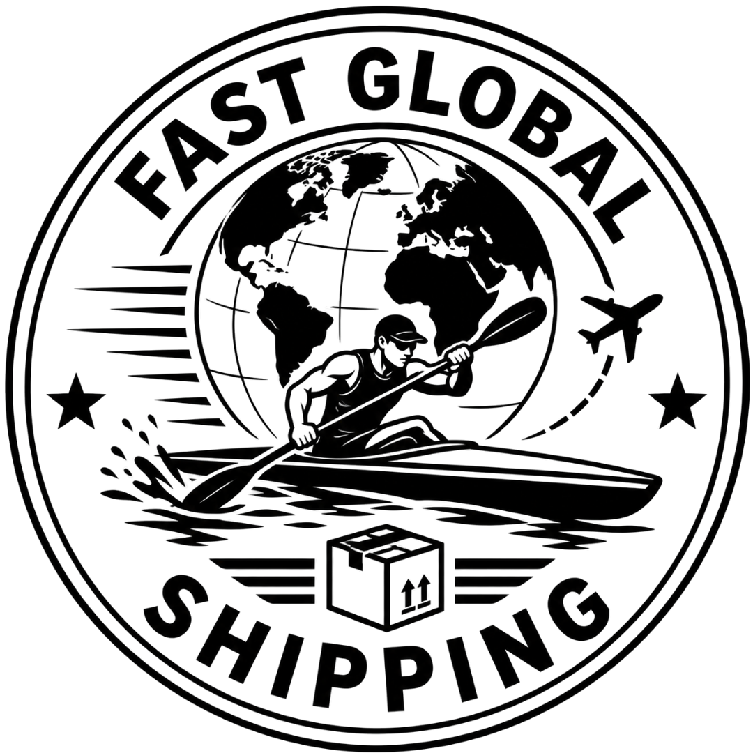 Fast global shipping trust badge featuring a kayak racer illustration - Vector Paddle