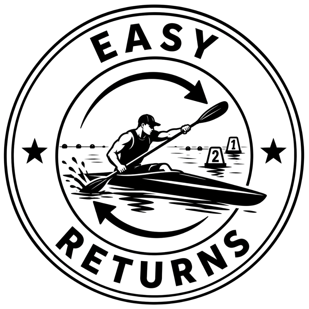 Easy returns trust badge featuring a kayak racer illustration - Vector Paddle