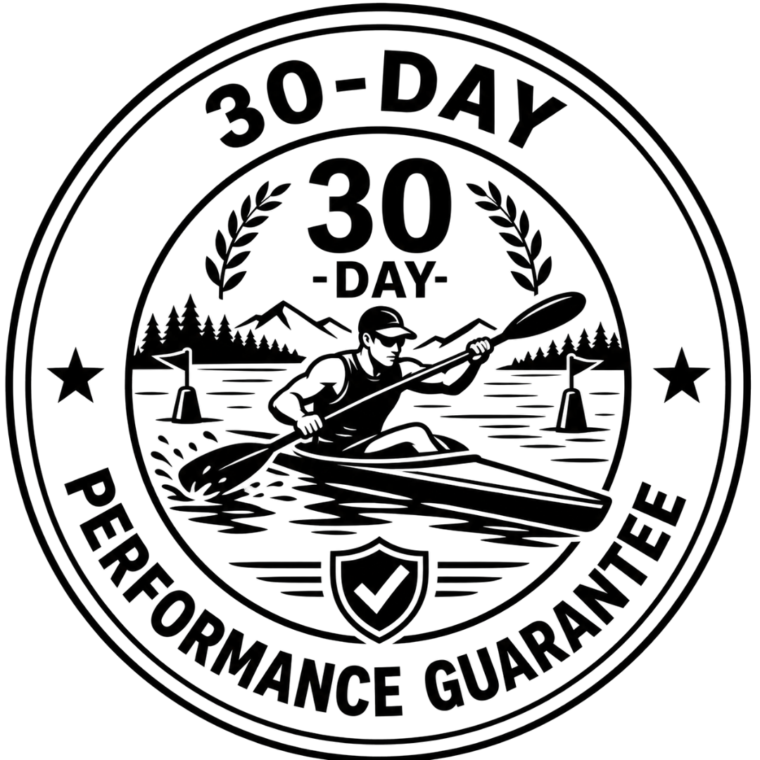 30-day performance guarantee trust badge featuring a kayak racer illustration - Vector Paddle