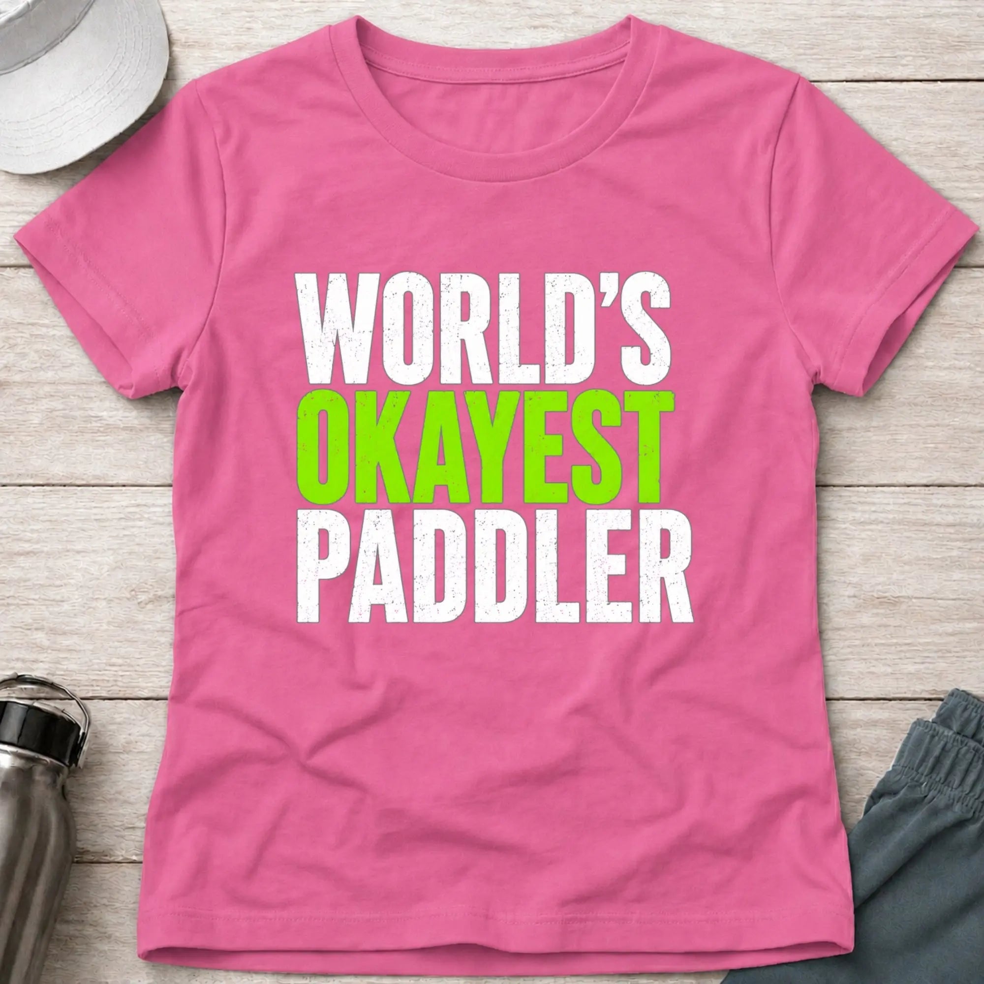 World's Okayest Paddler fitted tee in Azalea — funny women's paddling tee — Vector Paddle