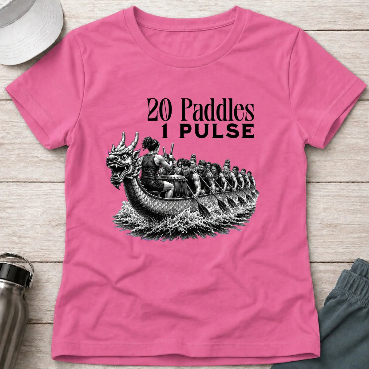 20 Paddles 1 Pulse fitted tee in Azalea — dragon boat crew with drummer — Vector Paddle