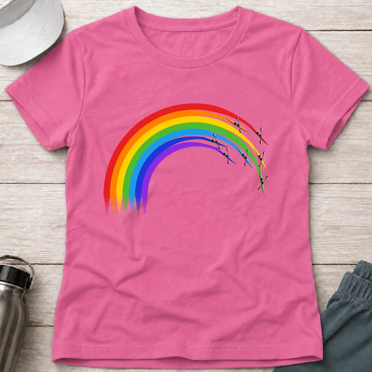 Over The Rainbow fitted tee in Azalea — rainbow kayak wake design — Vector Paddle