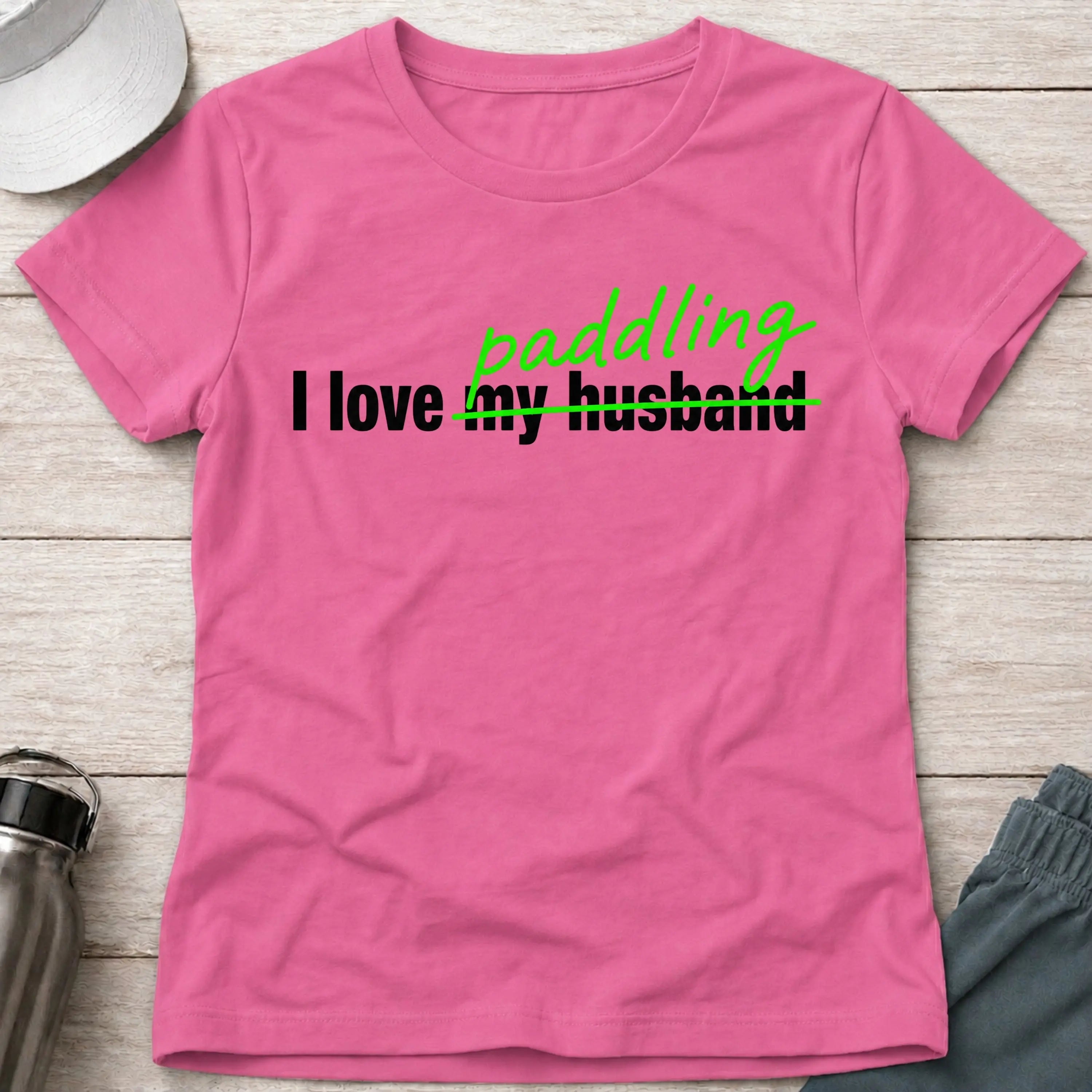 I Love Paddling fitted tee in Azalea Pink — funny women's paddling gift — Vector Paddle