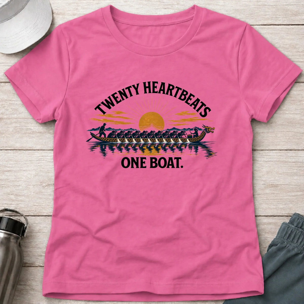 Twenty Heartbeats One Boat fitted tee in Azalea — full-crew dragon boat at sunset — Vector Paddle