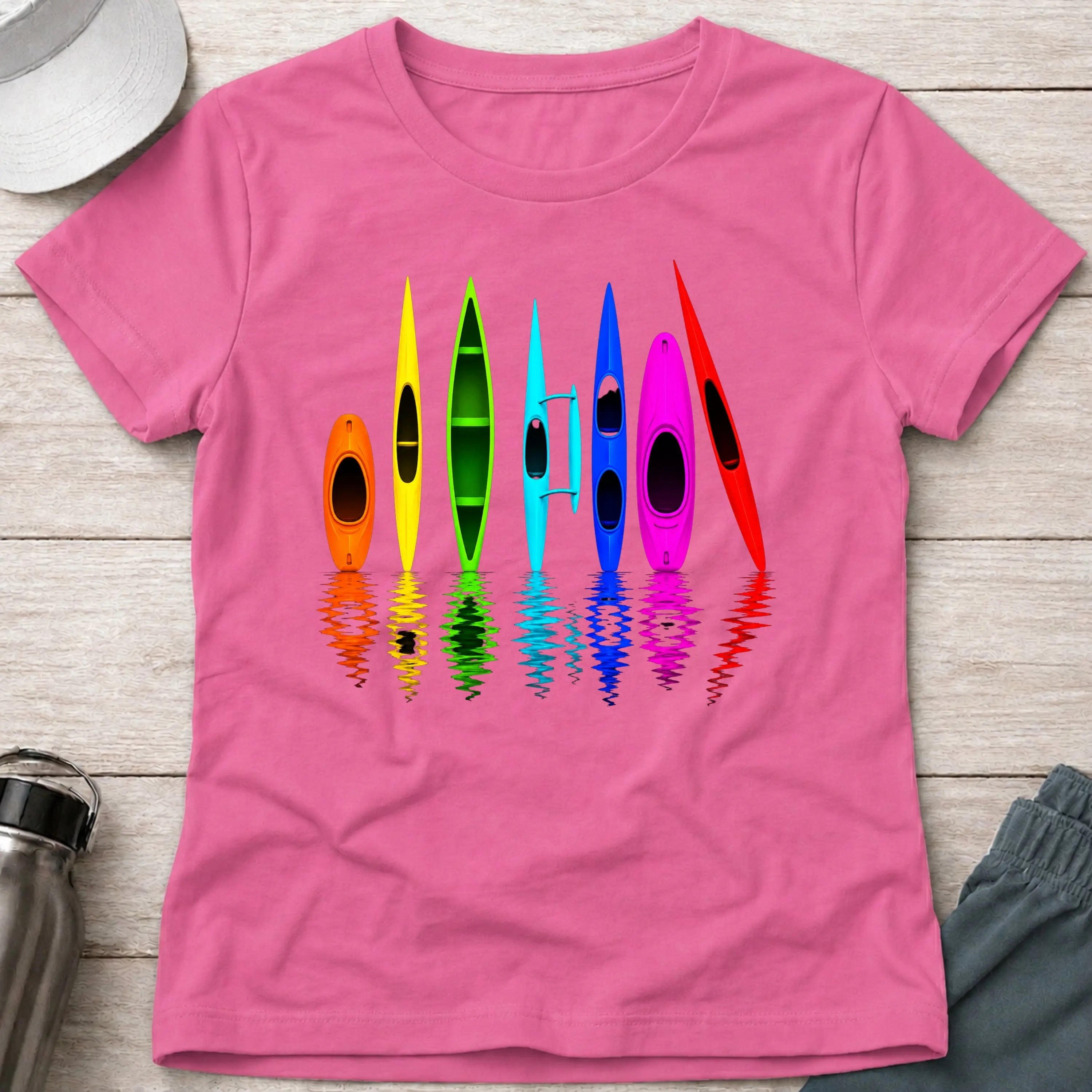 All The Boats fitted tee in Azalea — colourful kayak and canoe fleet design — Vector Paddle