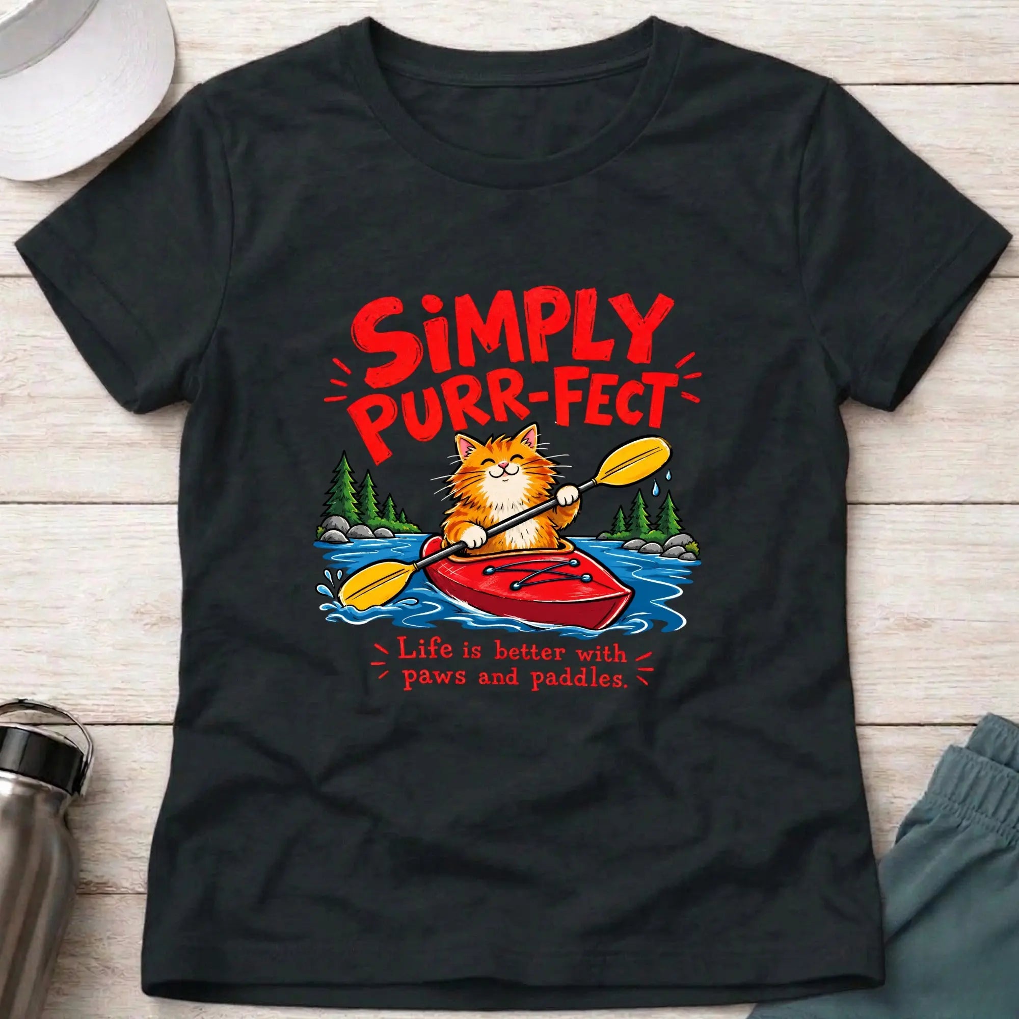 Black Simply Purr-fect ginger cat kayak fitted tee - Vector Paddle