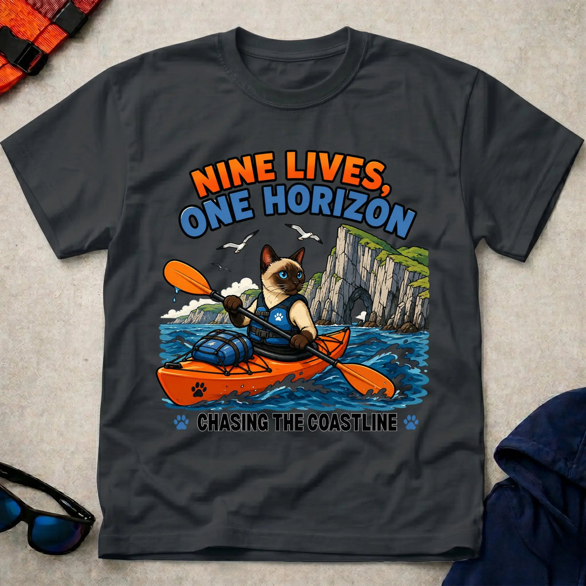 Black Nine Lives, One Horizon tee — long-distance paddling gift — Vector Paddle