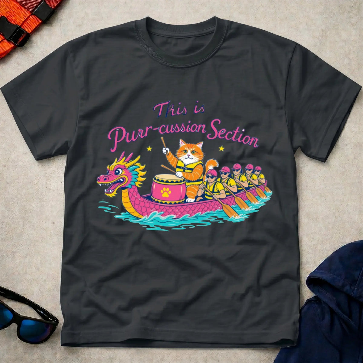 Black Purr-cussion Section dragon boat drummer cat tee — Vector Paddle