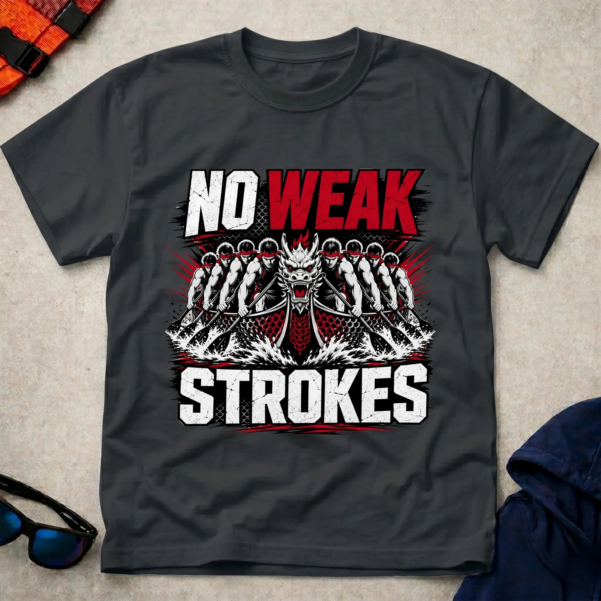 Black No Weak Strokes dragon boat racing tee — full-send crew gift — Vector Paddle