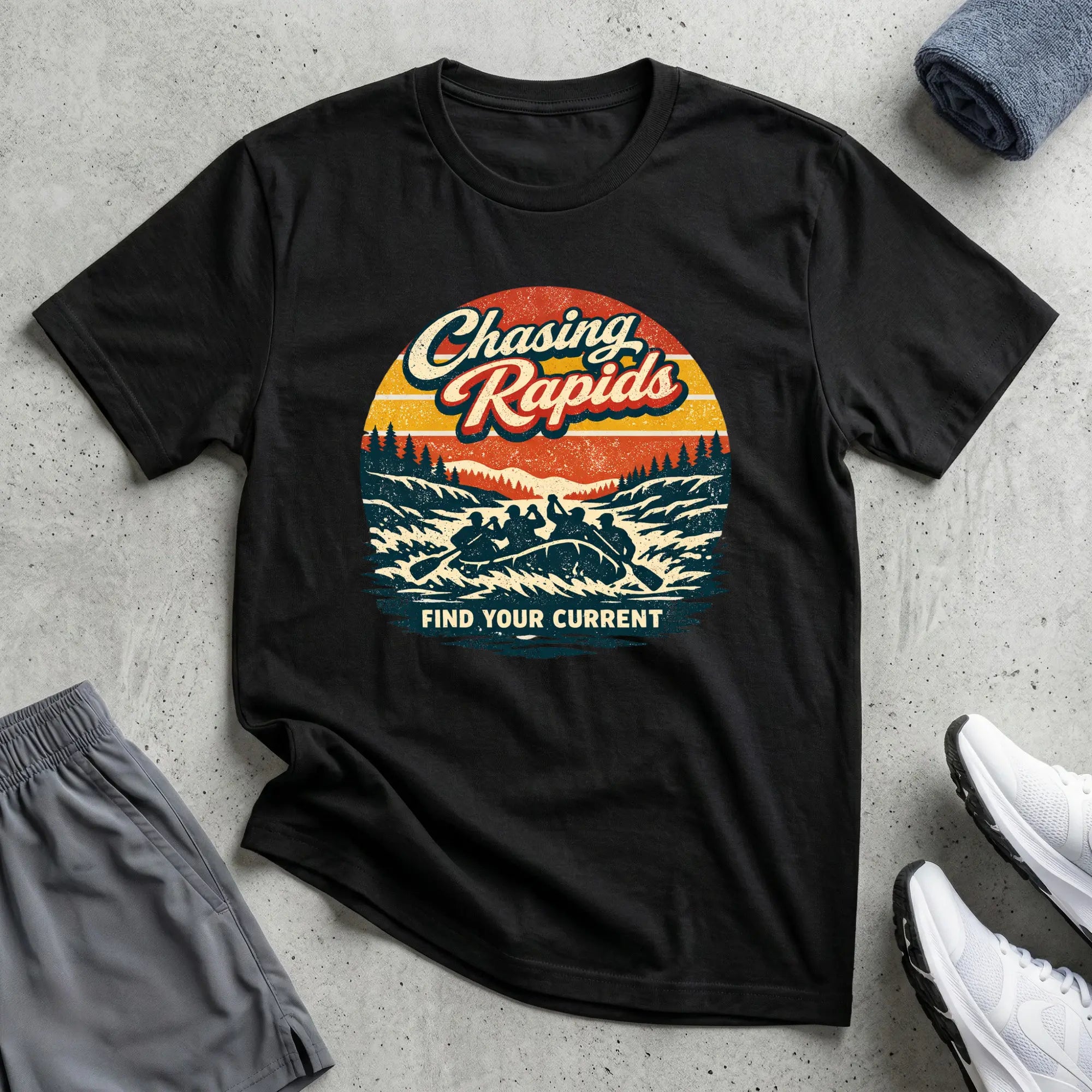 Chasing Rapids - Retro. Rafting T-Shirt Relaxing Printify