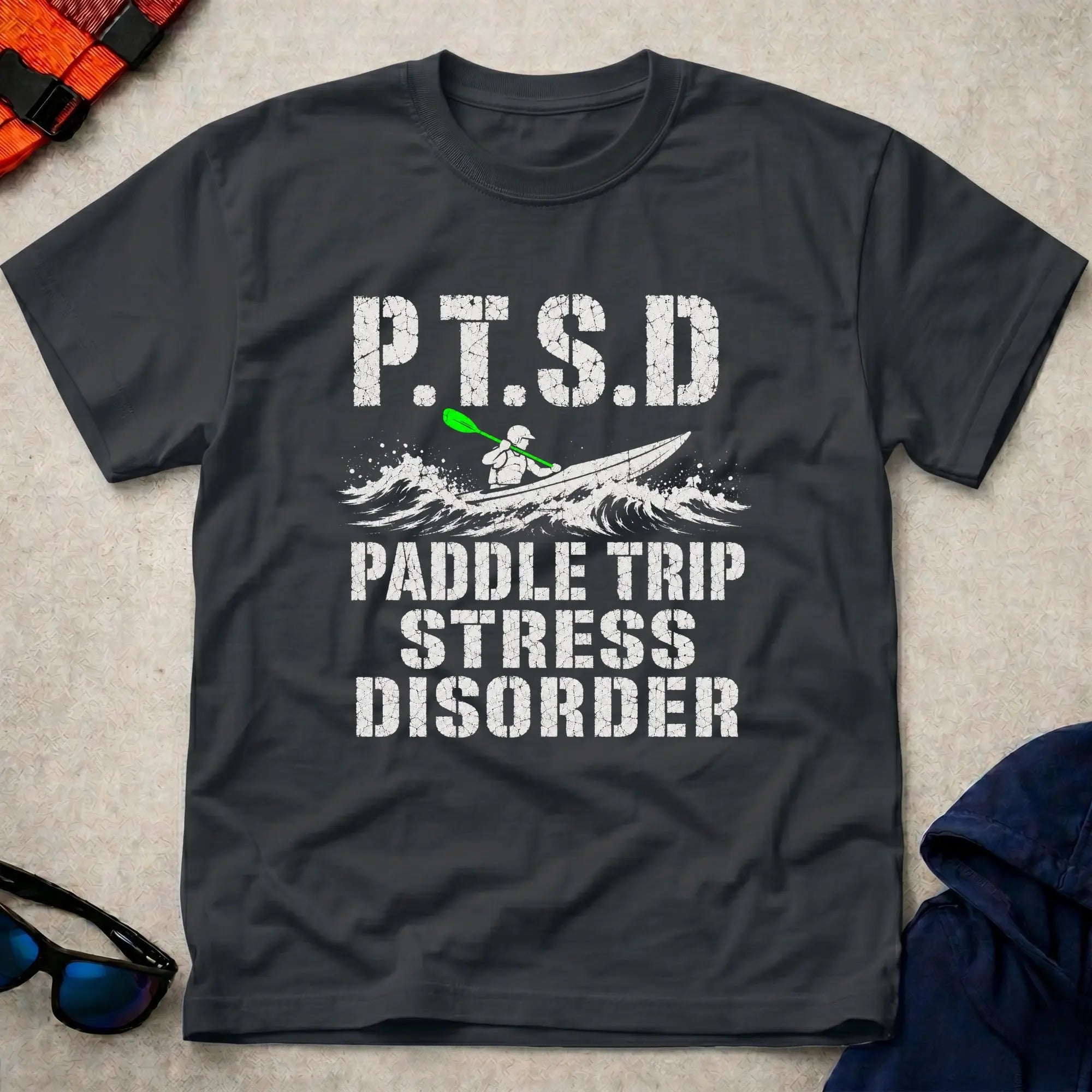 Black P.T.S.D. tee — Paddle Trip Stress Disorder gift — Vector Paddle