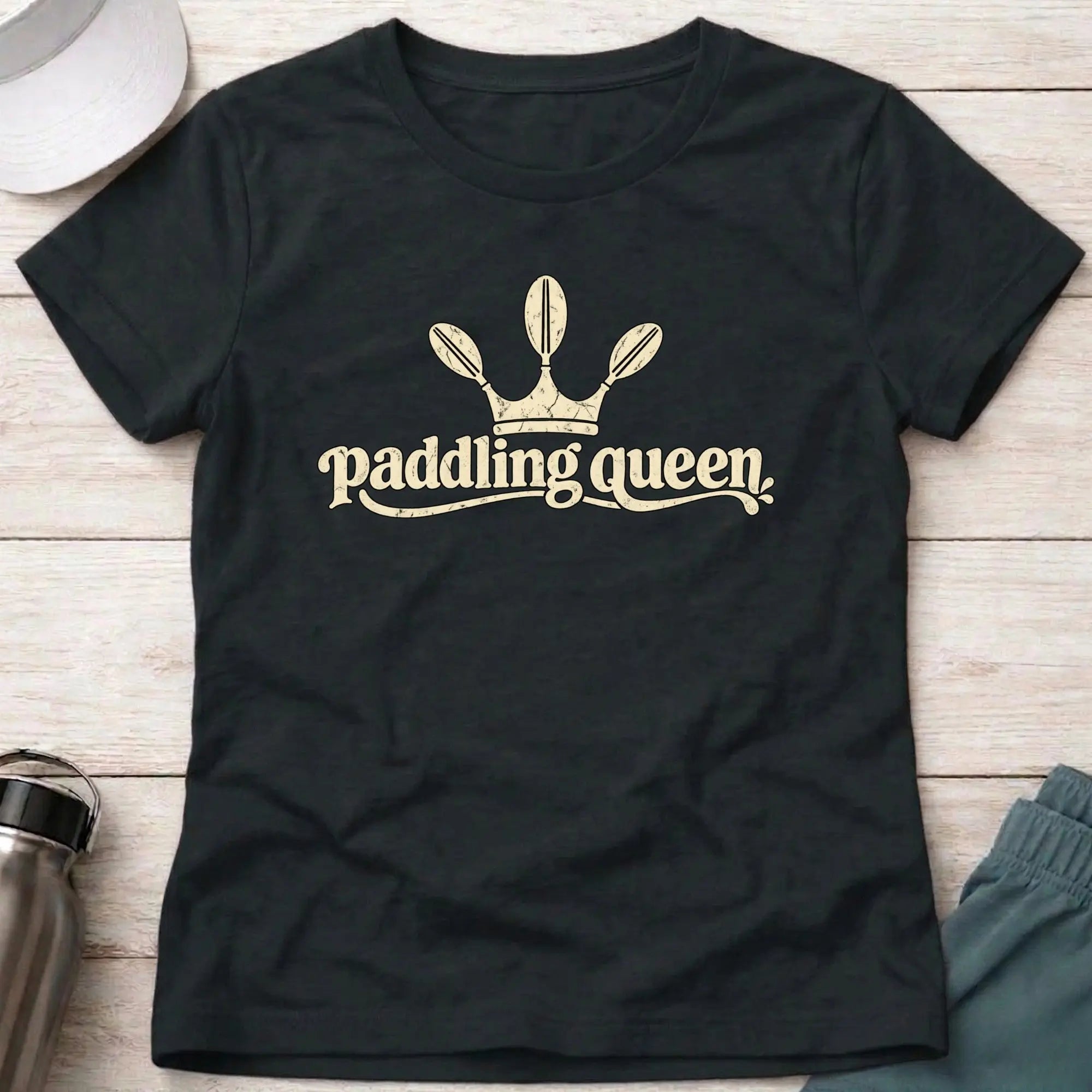 Black Paddling Queen fitted tee — confident female paddler gift — Vector Paddle