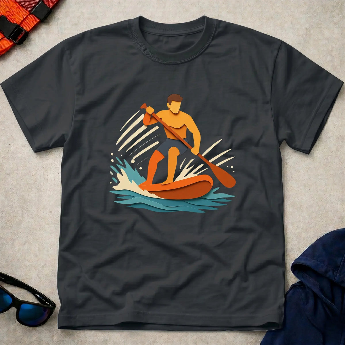 Cut Through tee in Black — paper-cut stand-up paddleboarder in orange and teal — Vector Paddle