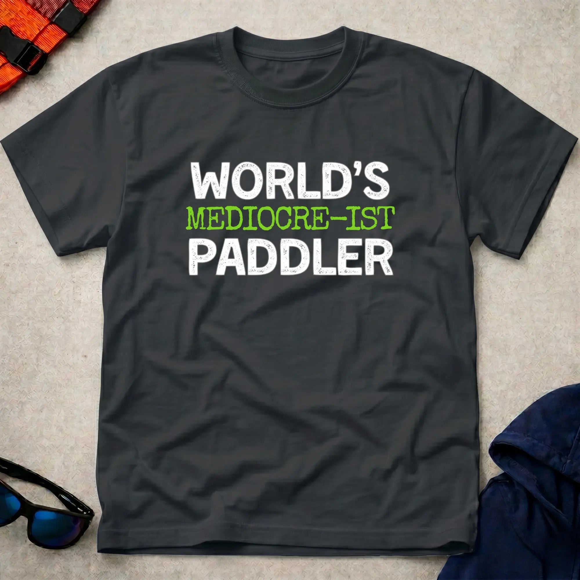 Black World's Mediocre-ist Paddler paddling tee — Vector Paddle