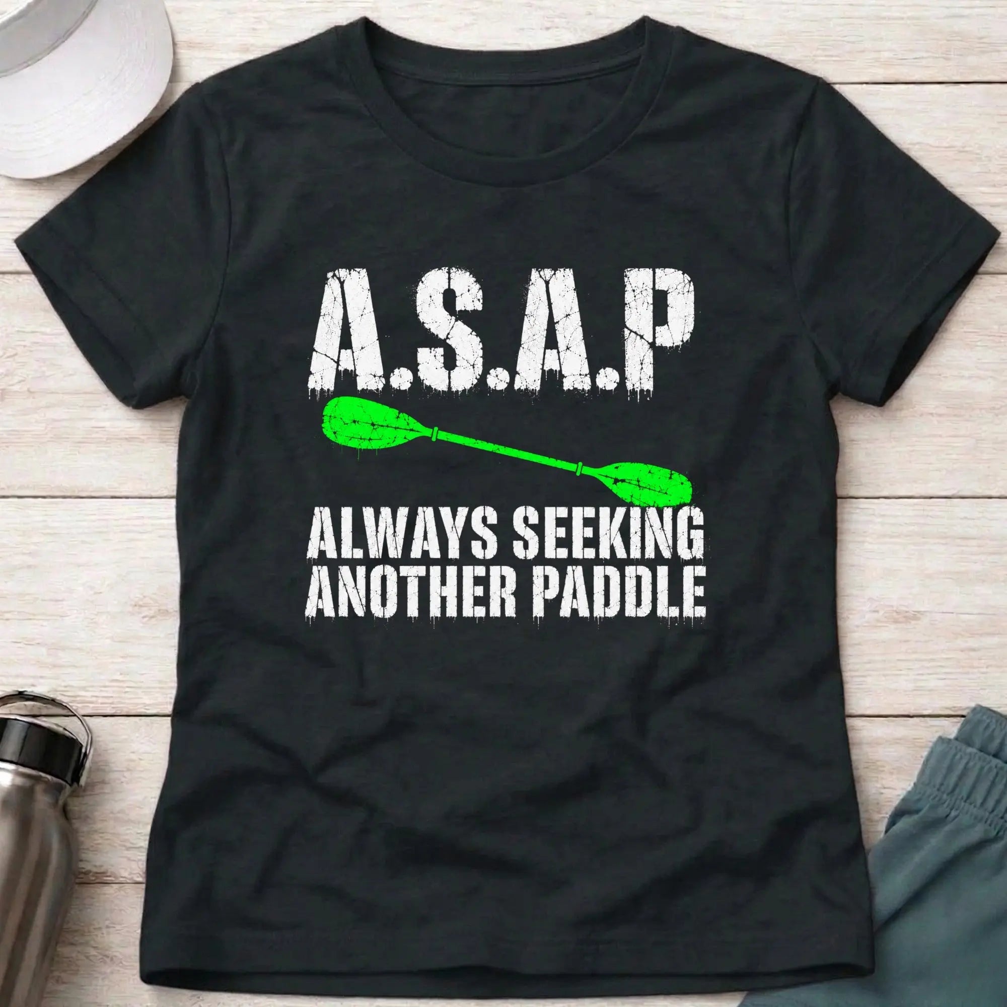 Black A.S.A.P. fitted tee — Always Seeking Another Paddle gift for women — Vector Paddle