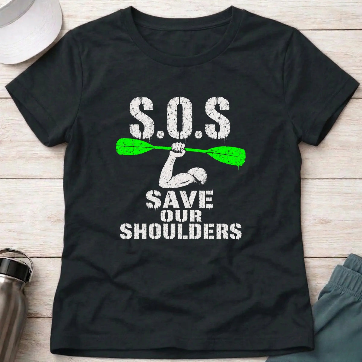 Black Save Our Shoulders fitted tee — marathon paddler gift for women — Vector Paddle