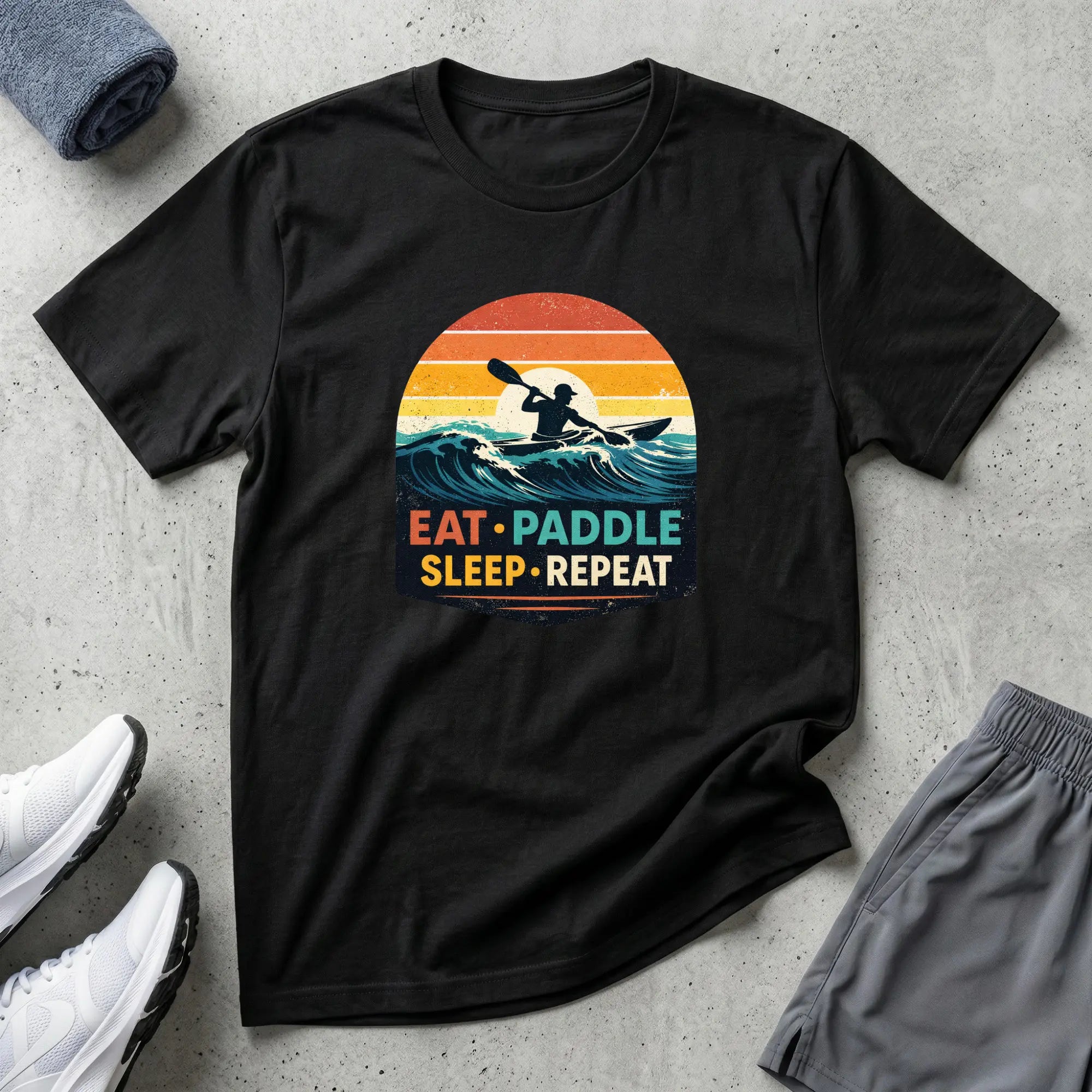 Eat Paddle Sleep Repeat. Ocean Kayak retro colour sunset T-Shirt Printify