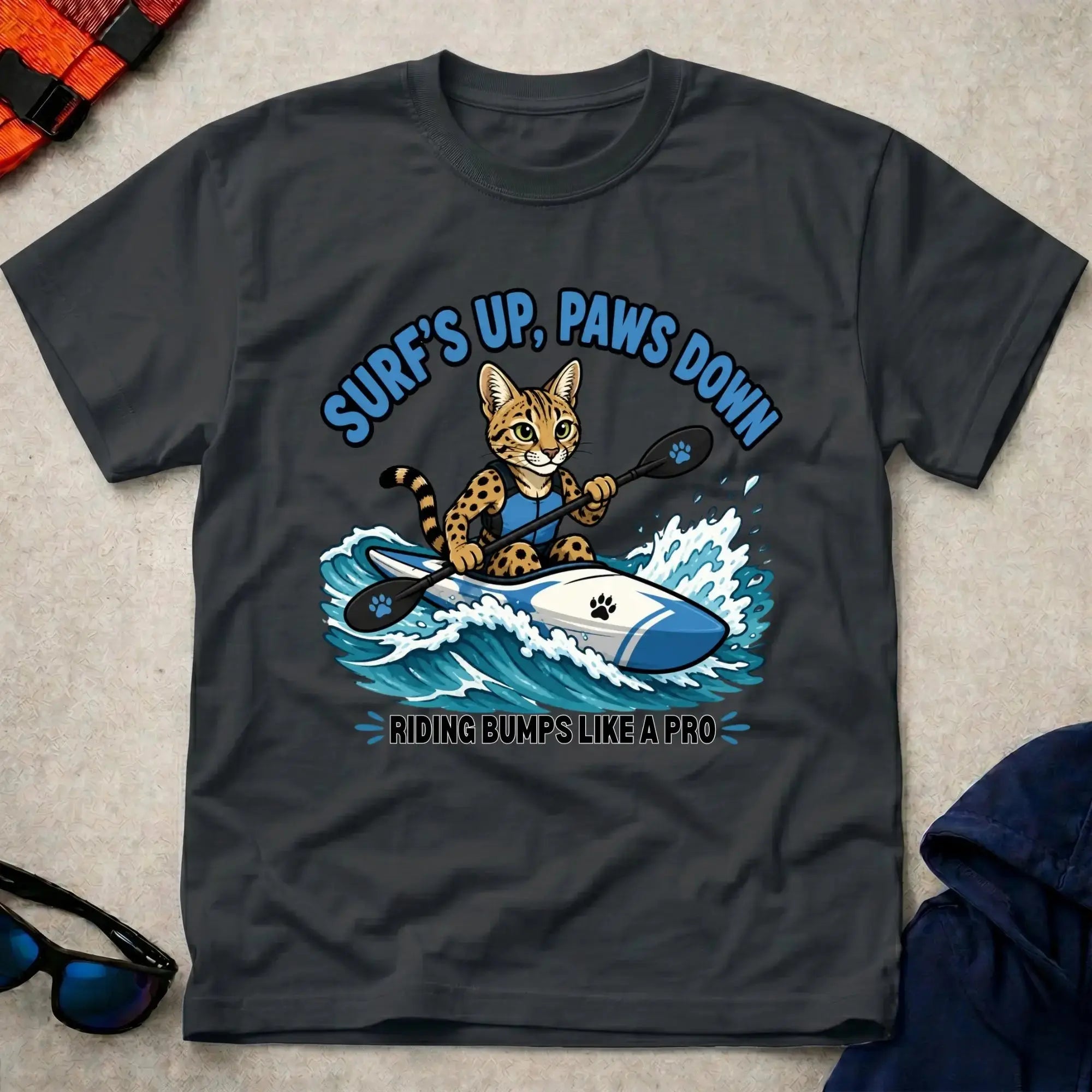 Black Surfs Up, Paws Down tee — open-water paddling gift — Vector Paddle