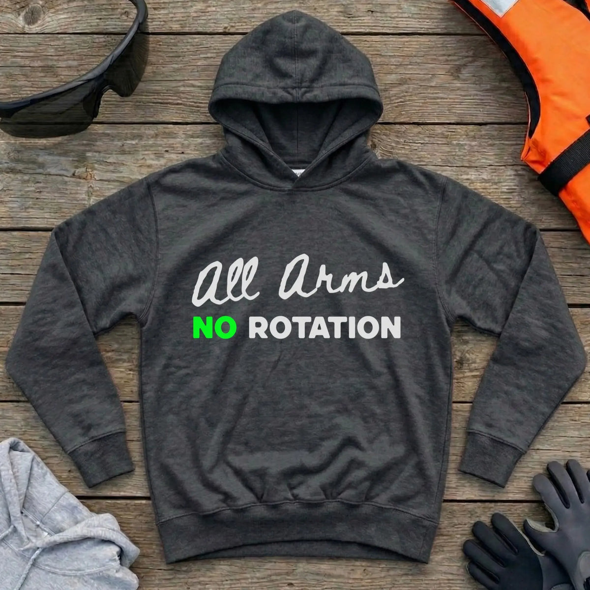 All Arms No Rotation hoodie in Black — paddling technique humour design — Vector Paddle