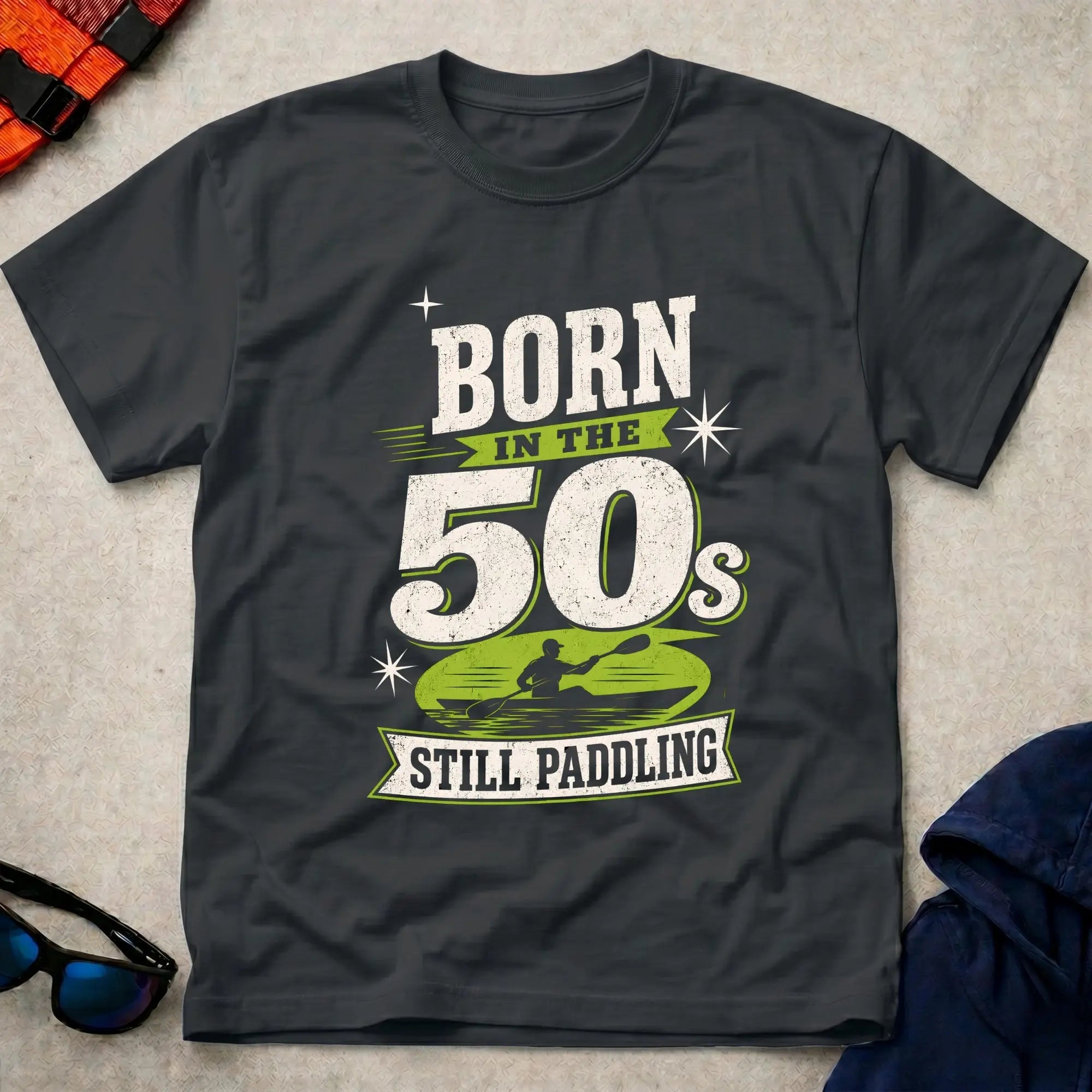 Born In The 50s – Still Paddling kayaker typography tee in Black | Vector Paddle