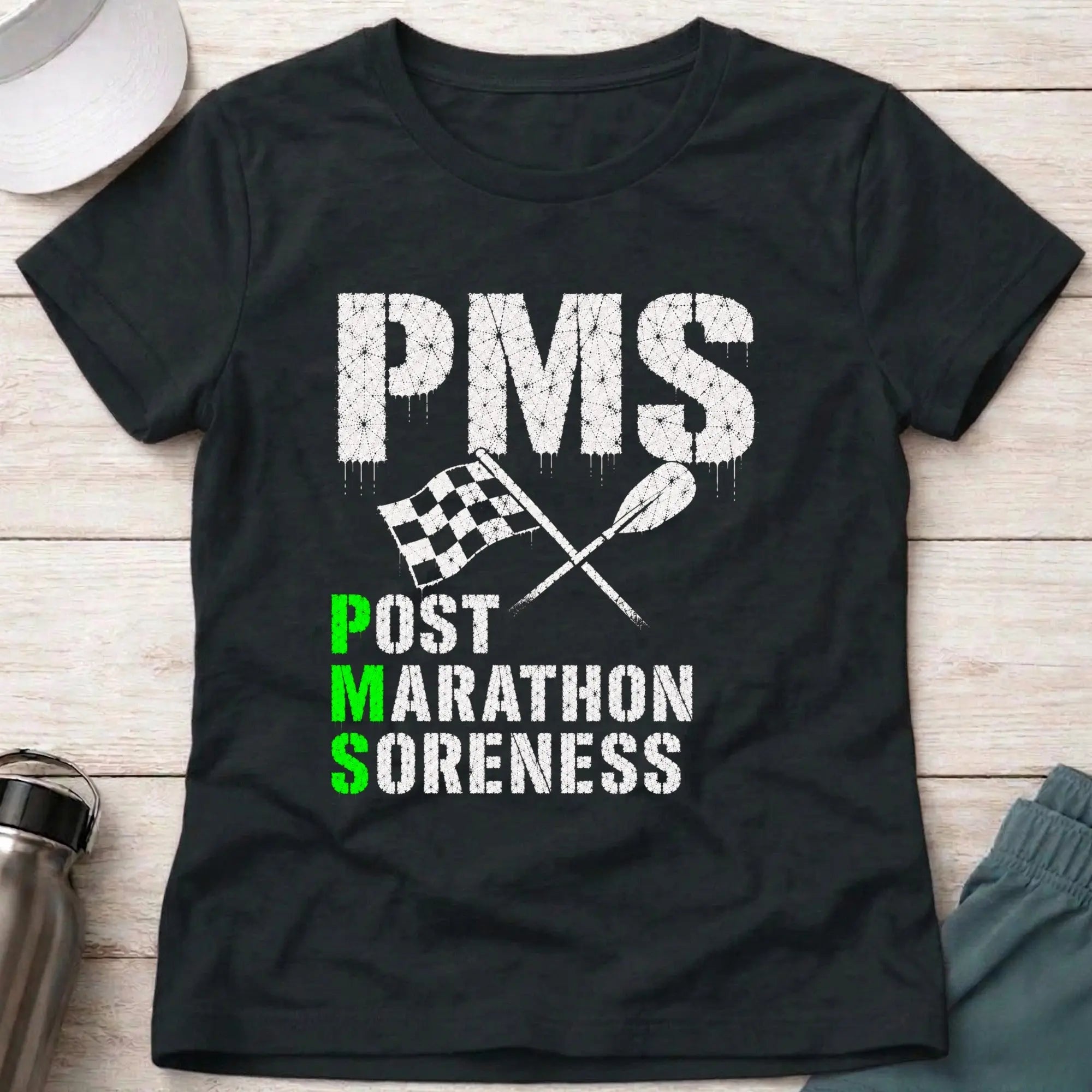 Black P.M.S. fitted tee — Post Marathon Soreness gift for women — Vector Paddle