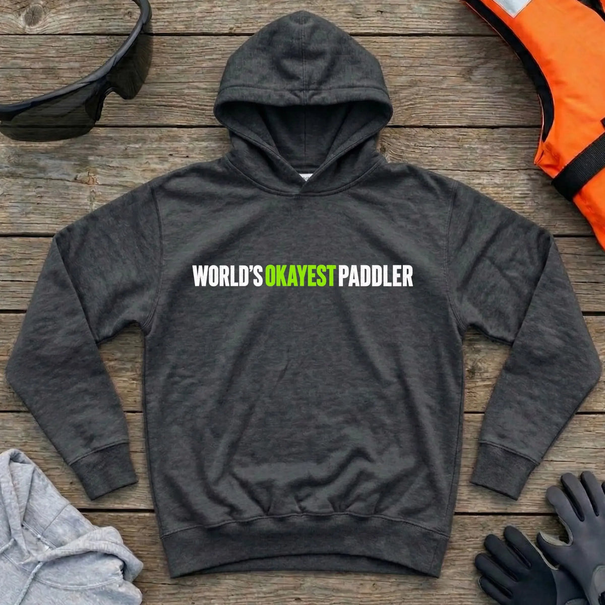 World's Okayest Paddler limited edition hoodie in Black — funny self-deprecating paddling slogan — Vector Paddle