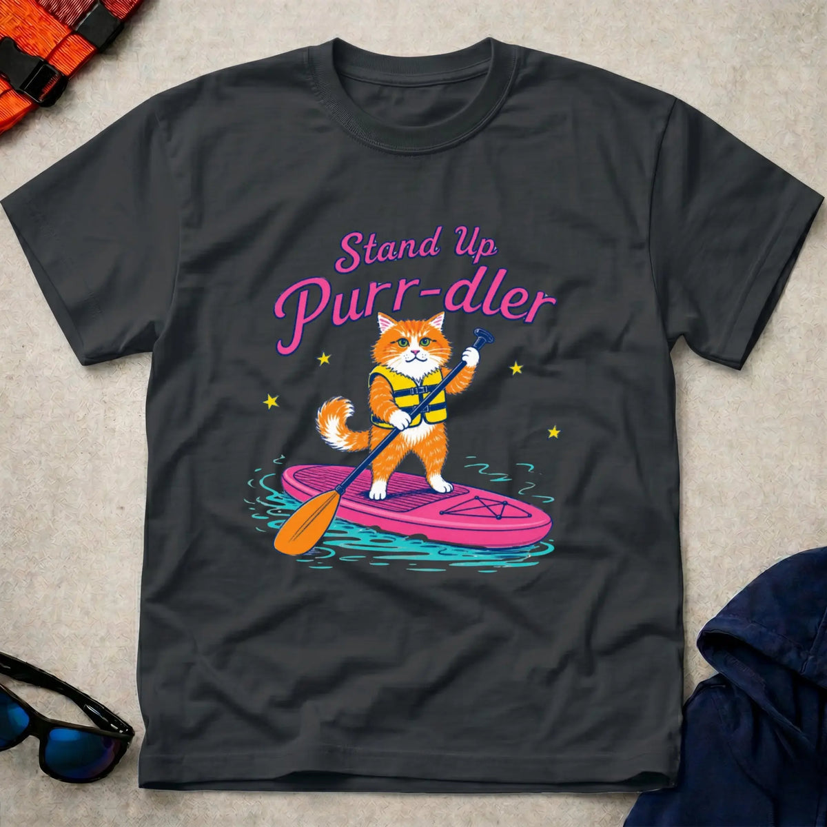 Black Stand Up Purr-dler cat SUP paddling tee — Vector Paddle