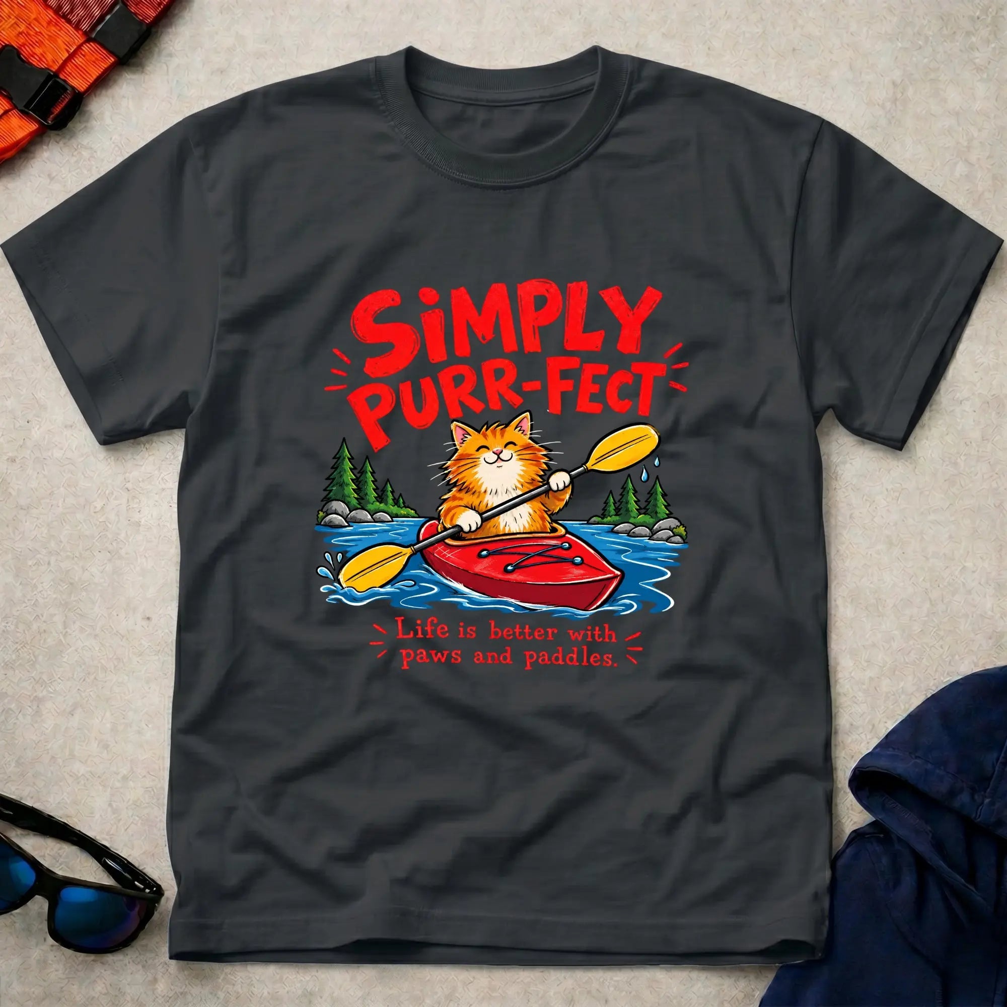 Black Simply Purr-fect ginger cat kayak t-shirt - Vector Paddle
