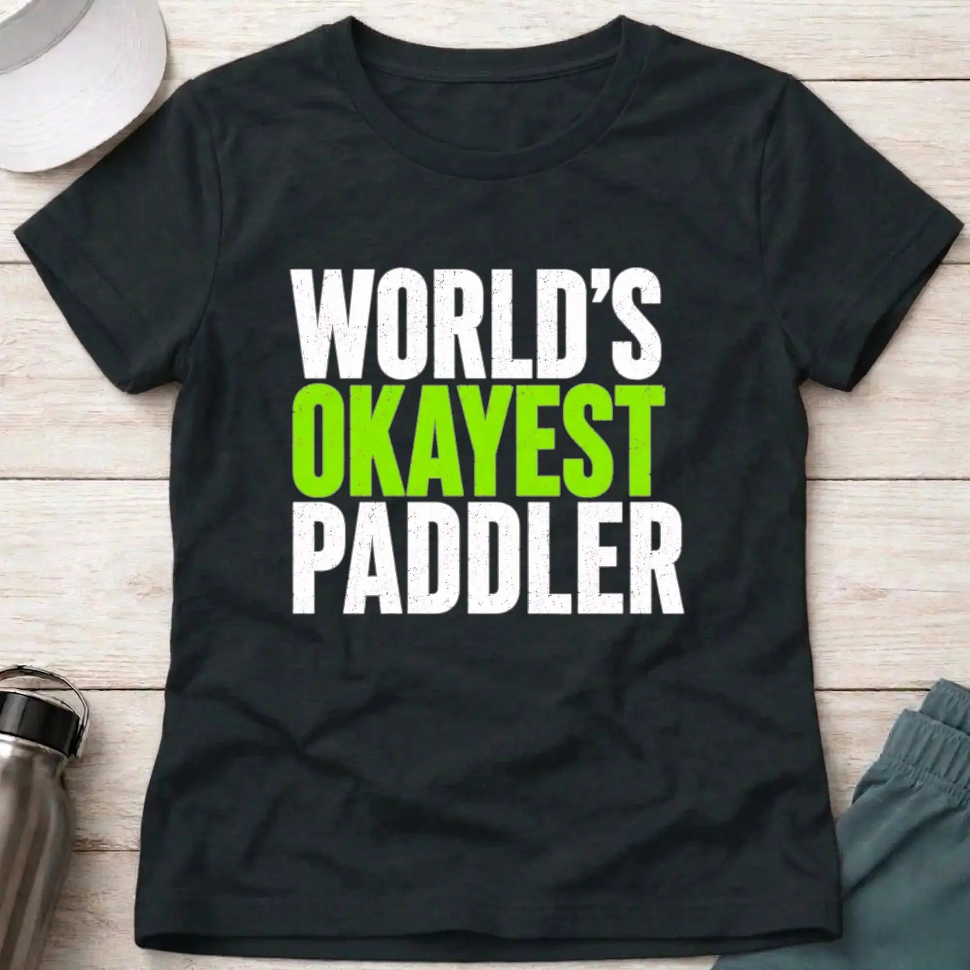 World's Okayest Paddler women's fitted tee in Black — funny paddling graphic tee — Vector Paddle