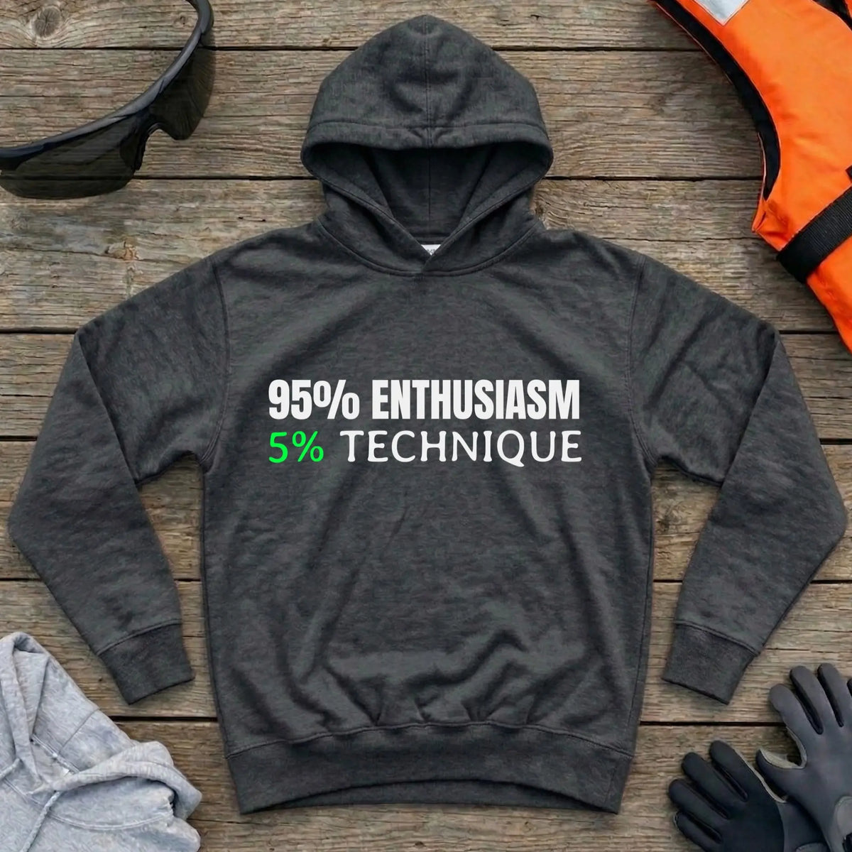 95% Enthusiasm hoodie in Black — self-deprecating paddling humour design — Vector Paddle