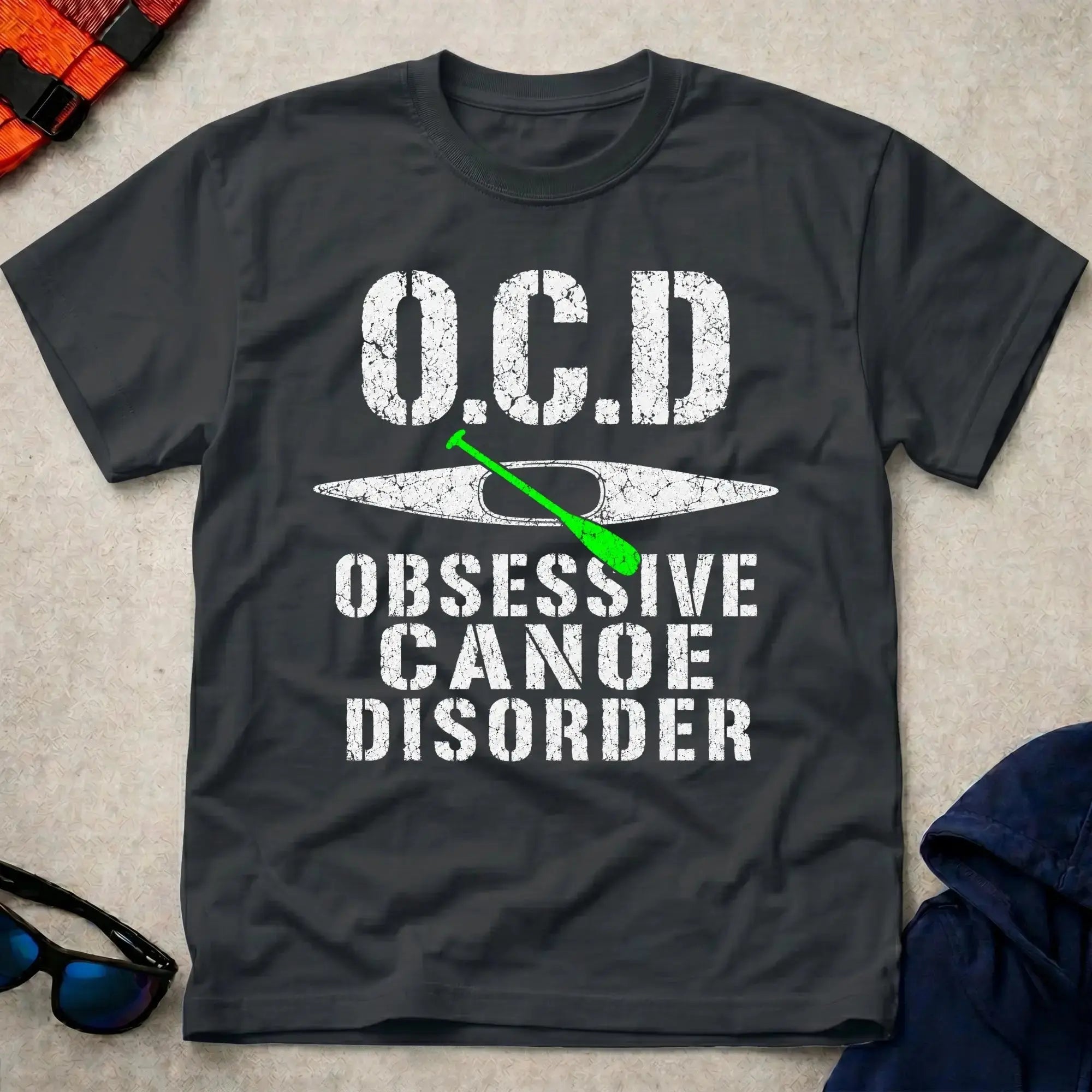 Black Obsessive Canoe Disorder tee — funny canoe-obsessed paddling gift — Vector Paddle