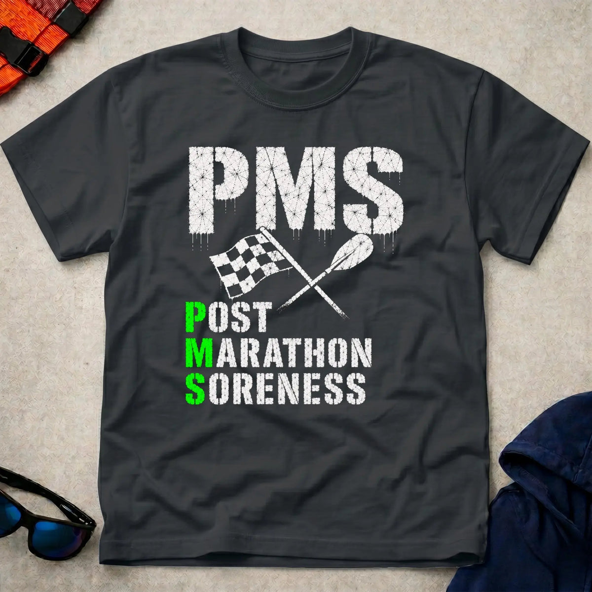 Black P.M.S. tee — Post Marathon Soreness gift — Vector Paddle