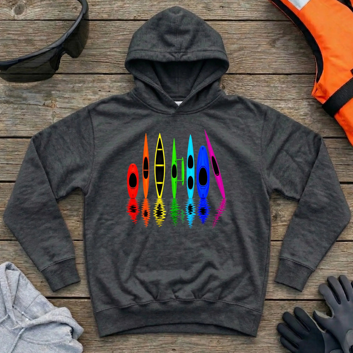 All The Boats hoodie in Black — kayak, canoe, outrigger and surfski fleet design — Vector Paddle