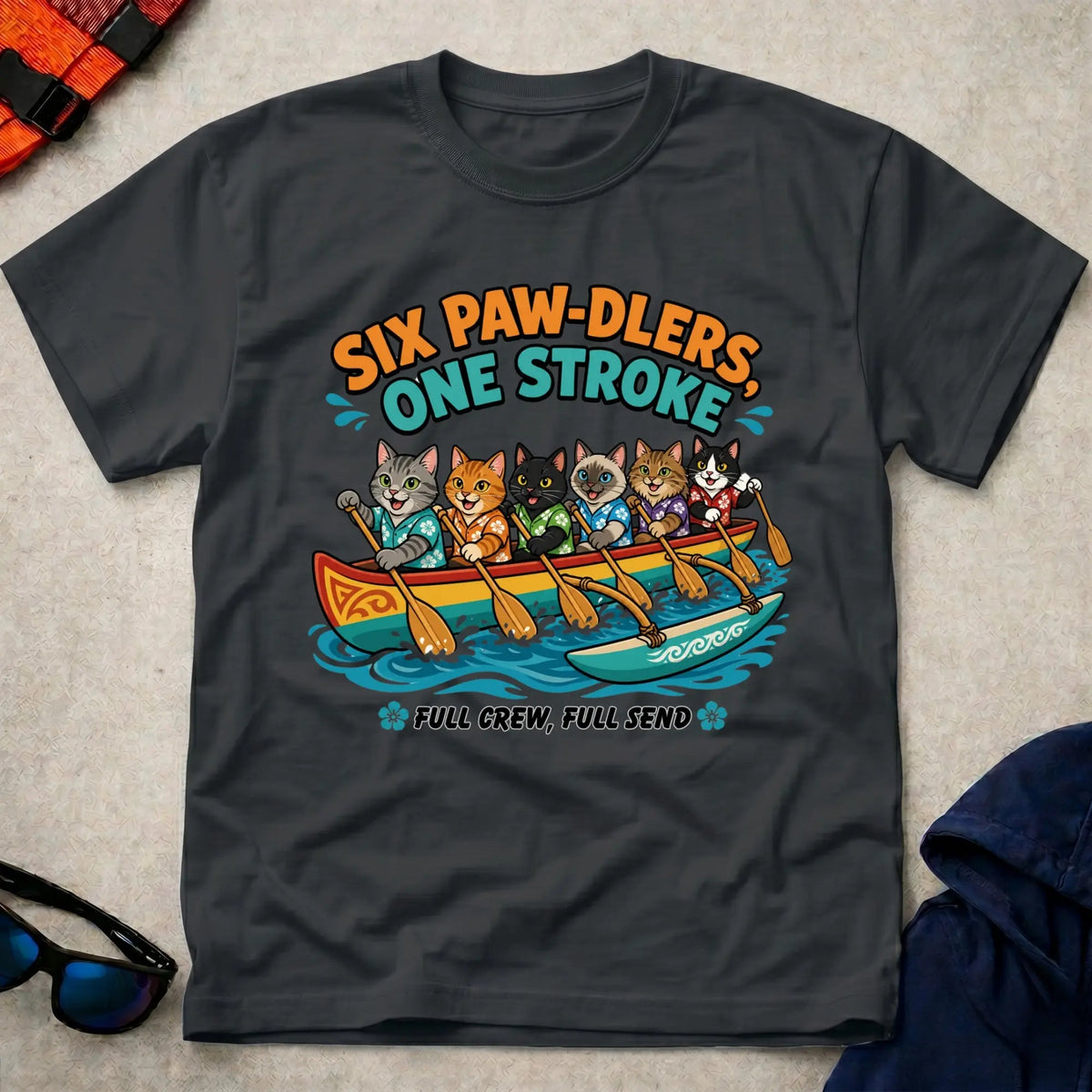 Black Six Paw-dlers, One Stroke tee — OC6 outrigger crew gift — Vector Paddle