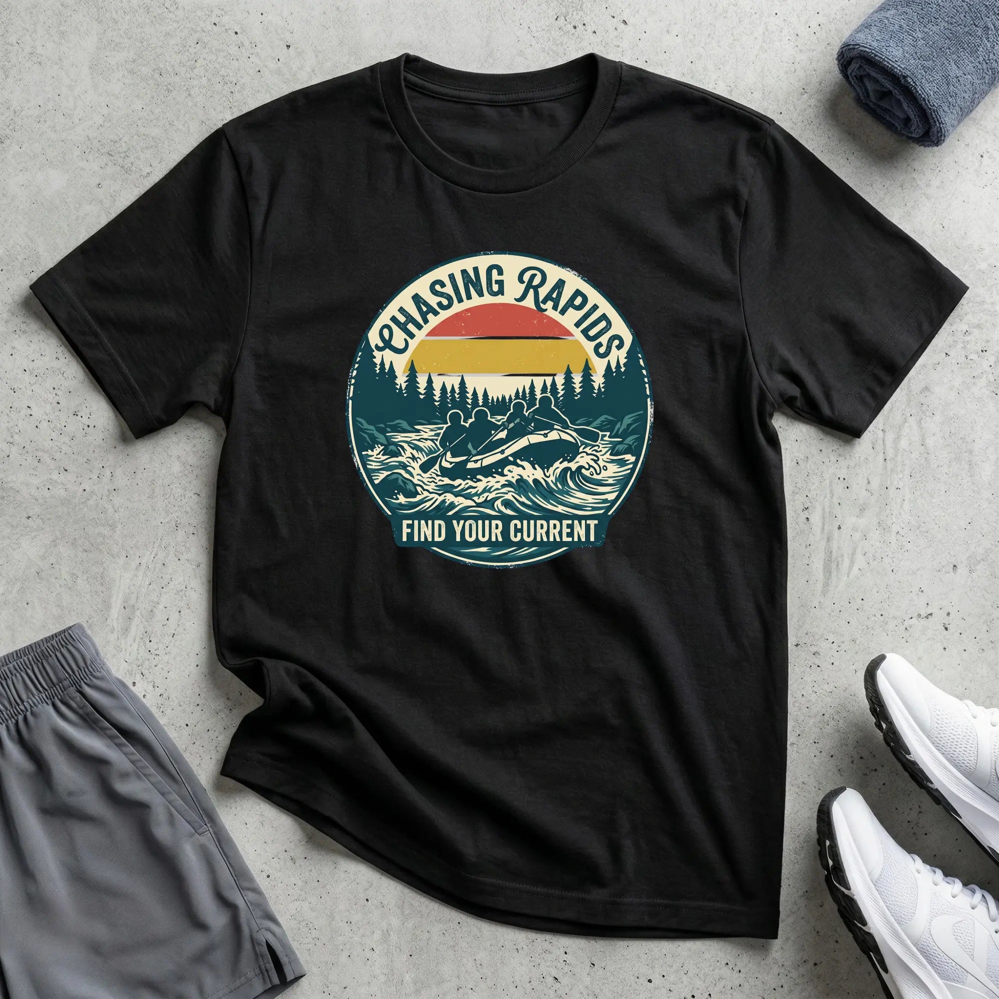 Chasing Rapids - Find Your Current. Rafting T-Shirt - RELAXED Printify